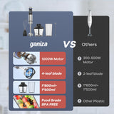 Ganiza Immersion Blender 5 in 1 Hand Blender Max 1000W Heavy Duty Motor, 16 Speed Mode Handheld Blender Stainless Steel Blade With 800ml Mixing Beaker, 600ml Chopper, Whisk and Milk Frother Ganiza