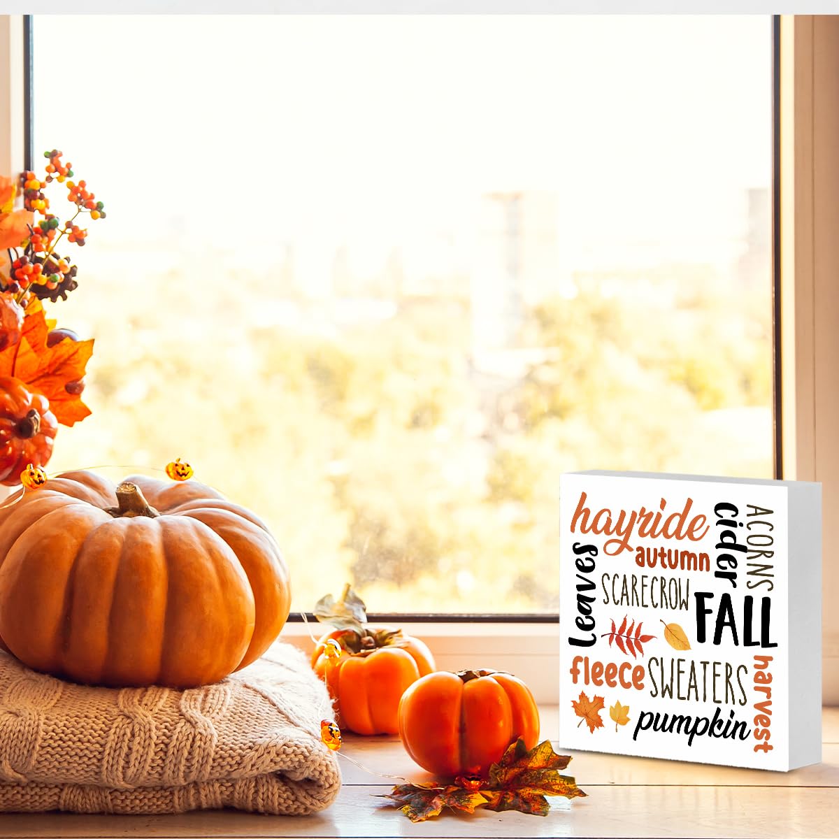 Fall Sign Autumn Wooden Sign Fall Farmhouse Home Decor for Desk Table Shelf Tabletop, 5 x 5 Inches brayqu