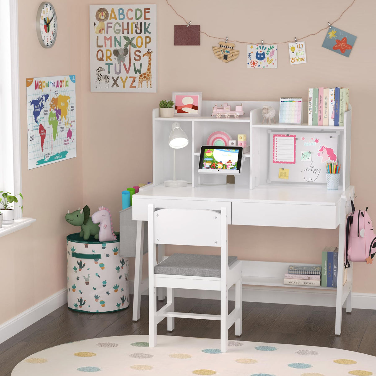 GDLF Kids Study Desk and Chair Set, Adjustable Children Study Table with Chair, Kids Wooden Study Desk with Hutch, Drawers, Book Stand, Whiteboard and Fabric Storage Bag for 5-12 Years Old GDLF