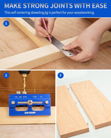 DAYDOOR Self Centering Doweling Jig, Adjustable Width Dowel Jig for Straight Holes, Biscuit Joiner Set with 6 Bushings and 3 Drill Bits(Blue) DAYDOOR