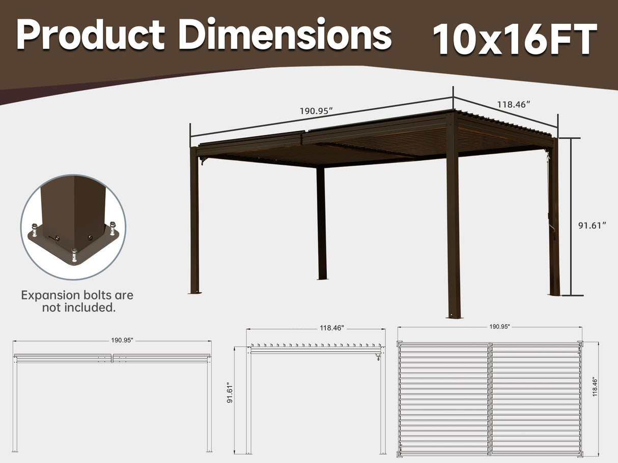 Domi Louvered Pergola 10X16FT, Aluminum Pergola with Adjustable Roof, Aluminum Frame, Efficient Drainage System, Outdoor Pergola for Patio, Deck, Garden, Brown domi outdoor living