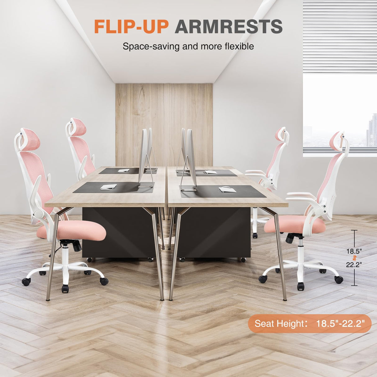 Sweetcrispy Office Computer Desk Chair, Ergonomic High-Back Mesh Rolling Work Chairs with Wheels and Adjustable Headrests, Comfortable Lumbar Support, Comfy Flip-up Arms for Home,Bedroom,Study, Pink Sweetcrispy