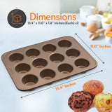 NutriChef 2-Piece Nonstick Muffin Pan Set - Carbon Steel Cupcake Baking Pans with 12 Cups - 15 inch x 11 inch Baking Tray Set - Gold NutriChef