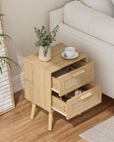 Masupu Rattan Night Stand,Modern nightstand Boho Bedside Table with 2 Drawer,Small End Side Table for Bedroom,Living Room,Office,Natural Masupu