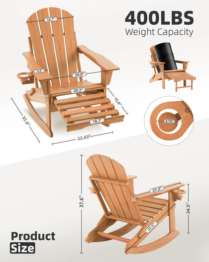 Serique 4-in-1 Multifunctional Folding Adirondack Rocking Chair, Patio Chair with Retractable Ottoman, Outdoor Chair Wood Texture, Lawn Chair for Porch, Backyard, Pool(Teak) - WoodArtSupply