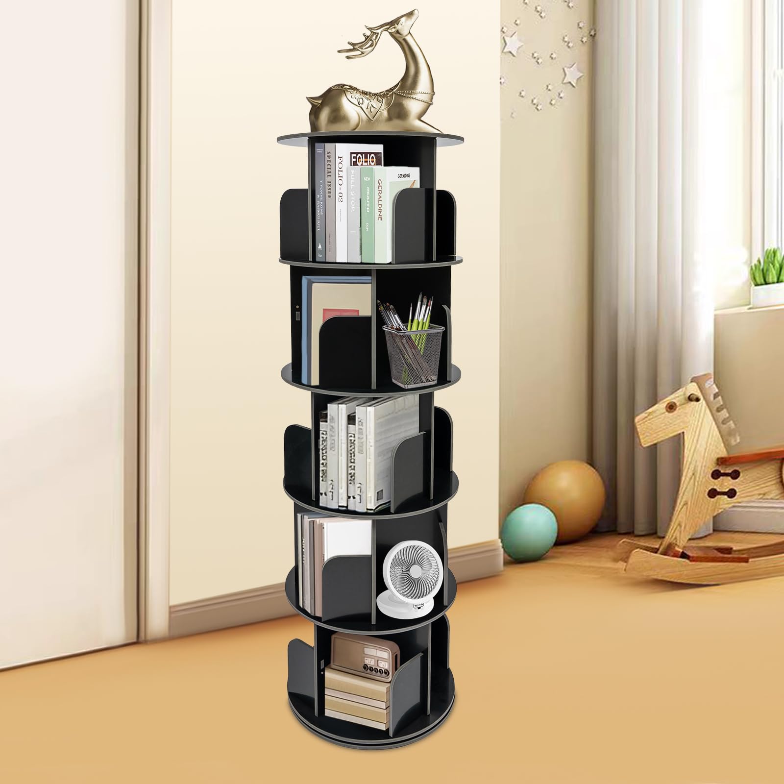 Lemoeyes 360° Rotating Corner Bookshelf - 5-Tier Spinning Bookcase for Home and Office - WoodArtSupply