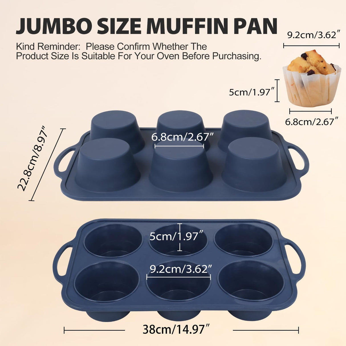 Vnray Jumbo Silicone Muffin Pan with Metal Frame, Non Stick Silicone Cupcake Pan with Handles 6 Cup, BPA Free Silicon Muffin Tin Tray Extra Large for baking, egg bites, Cupcake Mold Grey Vnray