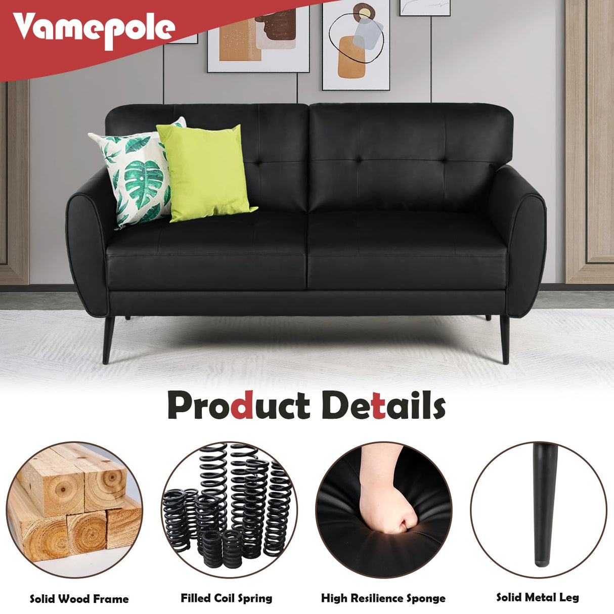VAMEPOLE Sofa Couch, 60" Loveseat Sofa for Living Room, Mid Century Mini Black Couch, Tufted Leather Love Seat Furniture, Comfy Office Sofa 2 Seat, Small Couches for Small Spaces, Bedroom, Apartment VAMEPOLE