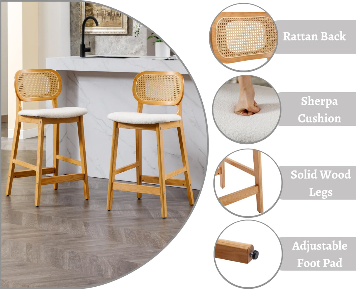 EALSON Counter Height Bar Stools Set of 2 Rattan Back Farmhouse Barstools Mid Century Modern Wood Bar Chairs Comfortable Sherpa Upholstered Kitchen Island Chairs for Pub/Breakfast Bar, Beige EALSON