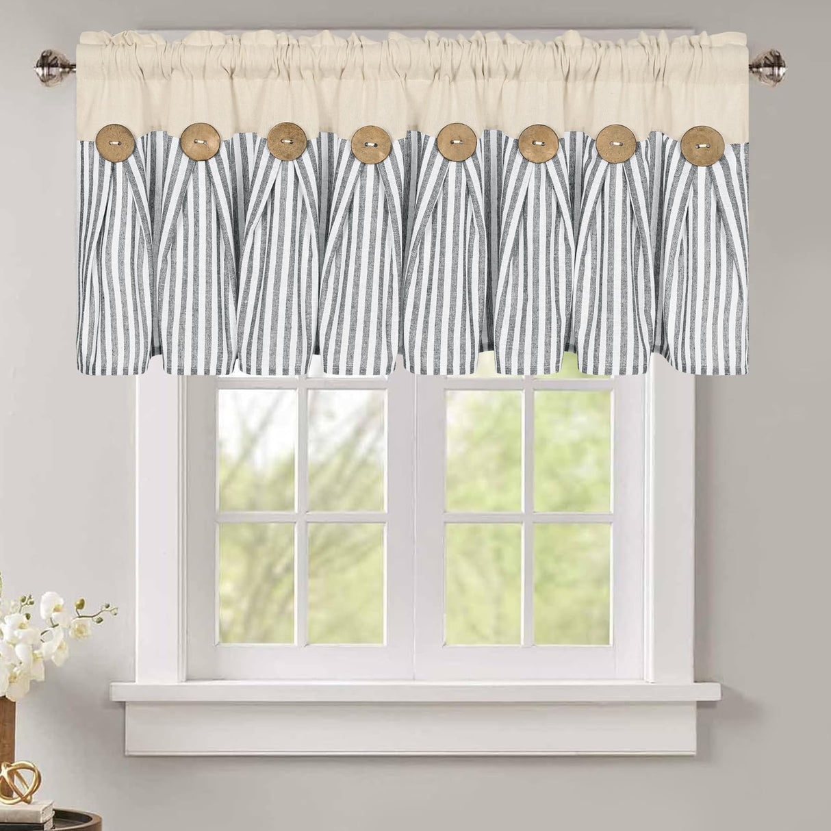 ASPMIZ Cotton Linen Kitchen Valance Curtains, Boho Rustic Button Linen Valances for Windows Farmhouse, Grey Stripe Valance Window Topper Treatment, Window Valances for RV Bathroom Cafe, 52 x 18 Inch ASPMIZ