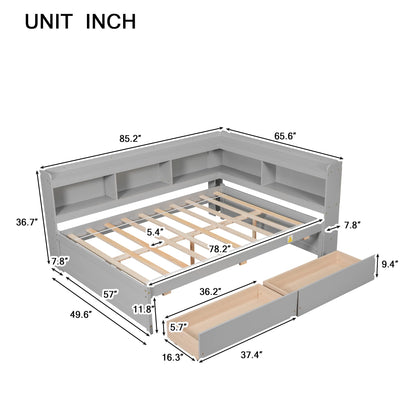 Harper & Bright Designs Full Bed with Storage Drawers and L-Shaped Bookcases, Solid Wood Platform Headboard, Size Daybed Sofa Frame for Bedroom