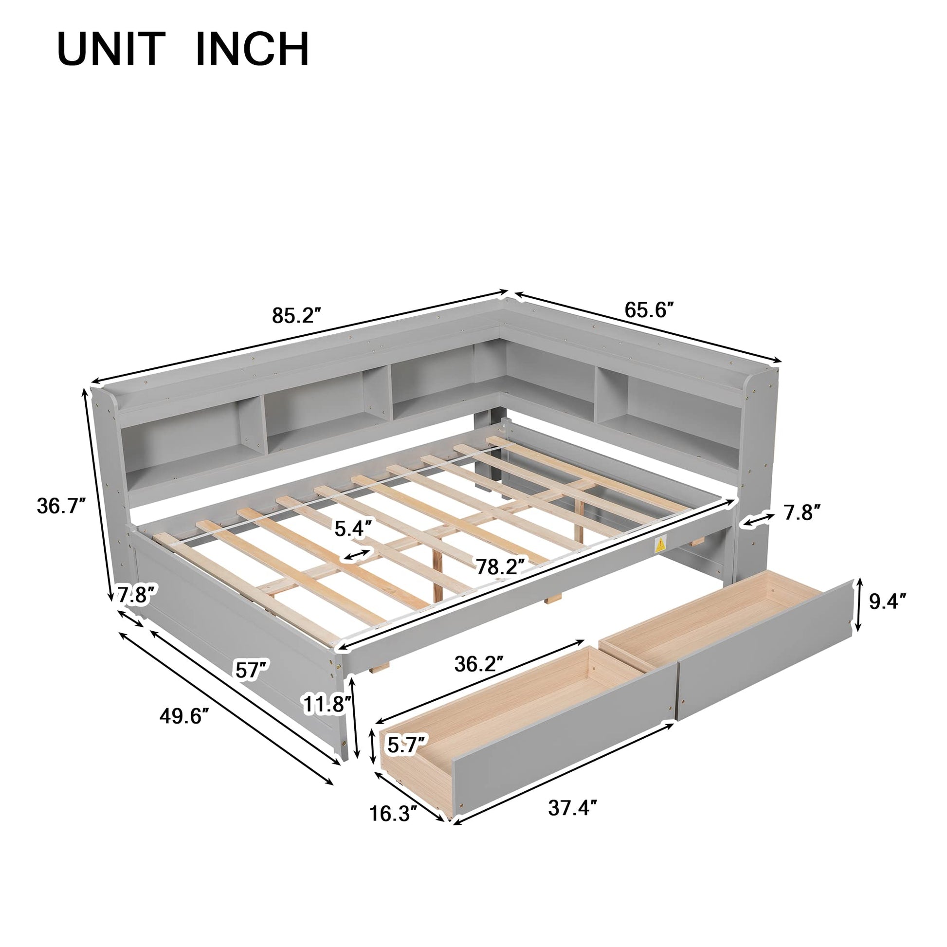 JIVOIT Full Size Captain Platform Bed with L-Shaped Bookcases and Dual Storage Drawers in Gray - WoodArtSupply