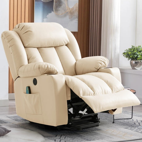 RESTREAL Power Lift Recliner Chair for Elderly, Electric Recliner Chairs for Adults with Massage and Heat, Cup Holders, Remote Control, USB Ports, Side Pockets, Leather (Beige) RESTREAL
