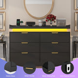 UNIQUITE 6 Drawer Dresser for Bedroom, Black Dresser with LED Lights and Power Outlet, Wooden Dressers Chests of Drawers, Double Wide Dressers for Bedroom, Living Room, Hallway UNIQUITE