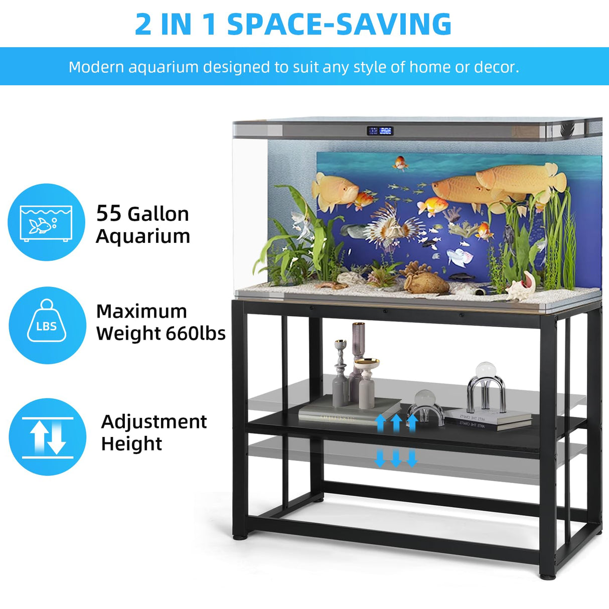 VOWNER 55-75 Gallon Fish Tank Stand - Metal Aquarium Stand, 48.4" x 14.9" x 29.5" Heavy Duty Reptile Tank Stand, Adjustable 2-Tier Fish Tank Rack Shelf for Home Office, Tank not Included, Black VOWNER