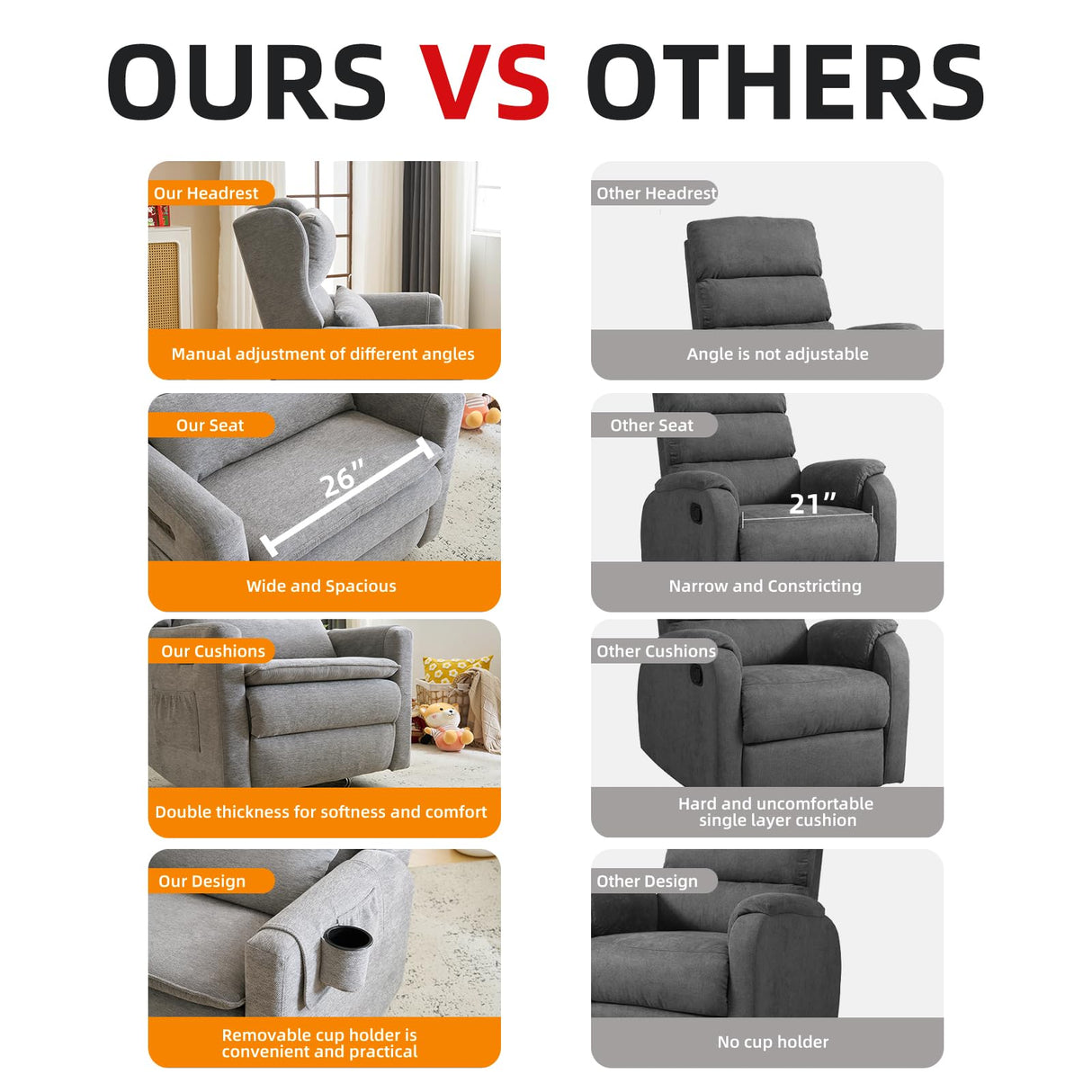 Rhevoy Oversized Swivel Rocker Recliner Chair, 26" Extra Wide Glider Nursery Chair with Adjustable Headrest, Chenille Power Recliner Rocking with Double Cushion, Cup Holder, Grey Rhevoy