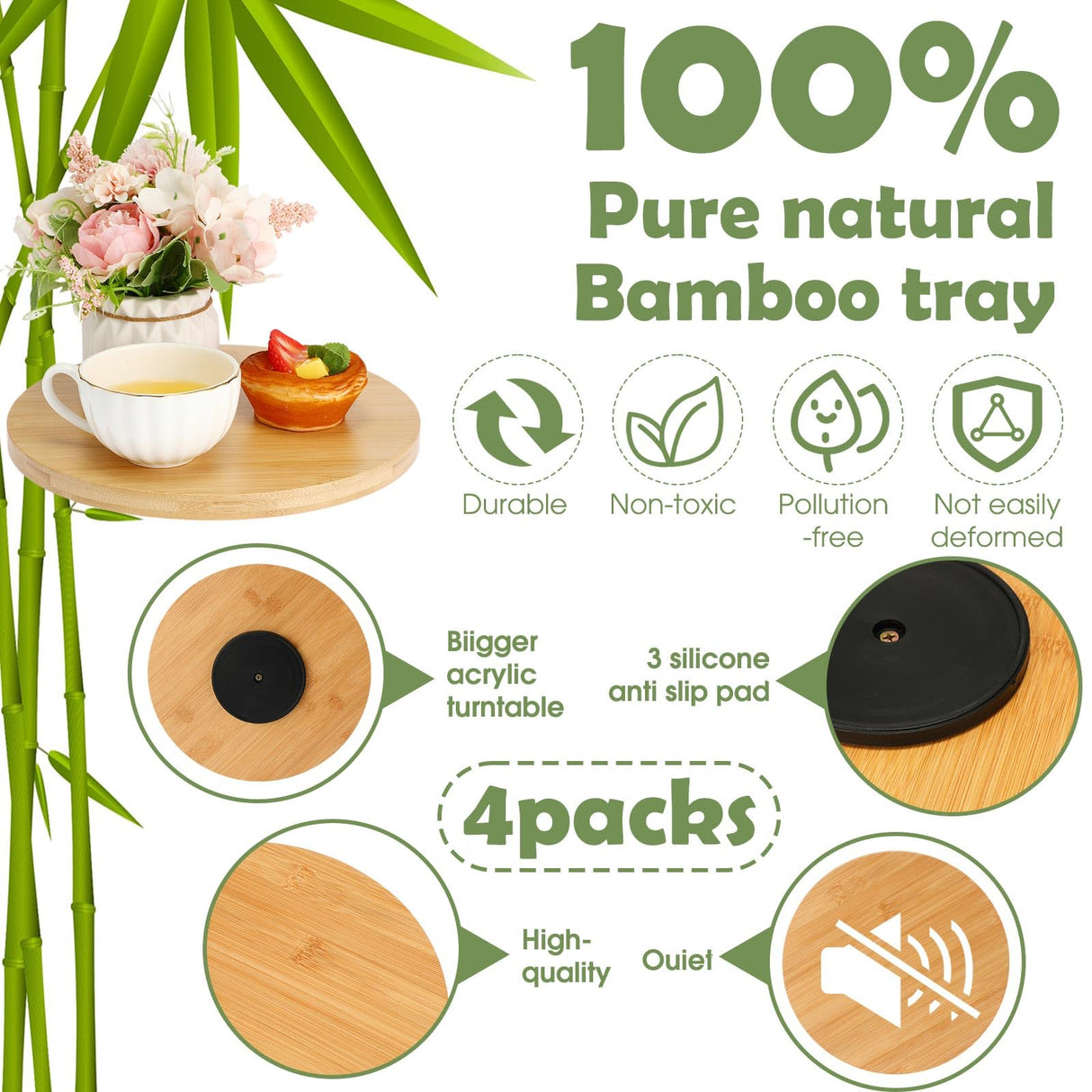 Tanlade 4 Pcs Bamboo Wooden Lazy Susan Organizer Lazy Susan Turntable for Cabinet Non Skid Kitchen Tray Revolving Condiment Spice Rack for Counter Wedding Table Organization Storage Supplies(10 Inch) Tanlade