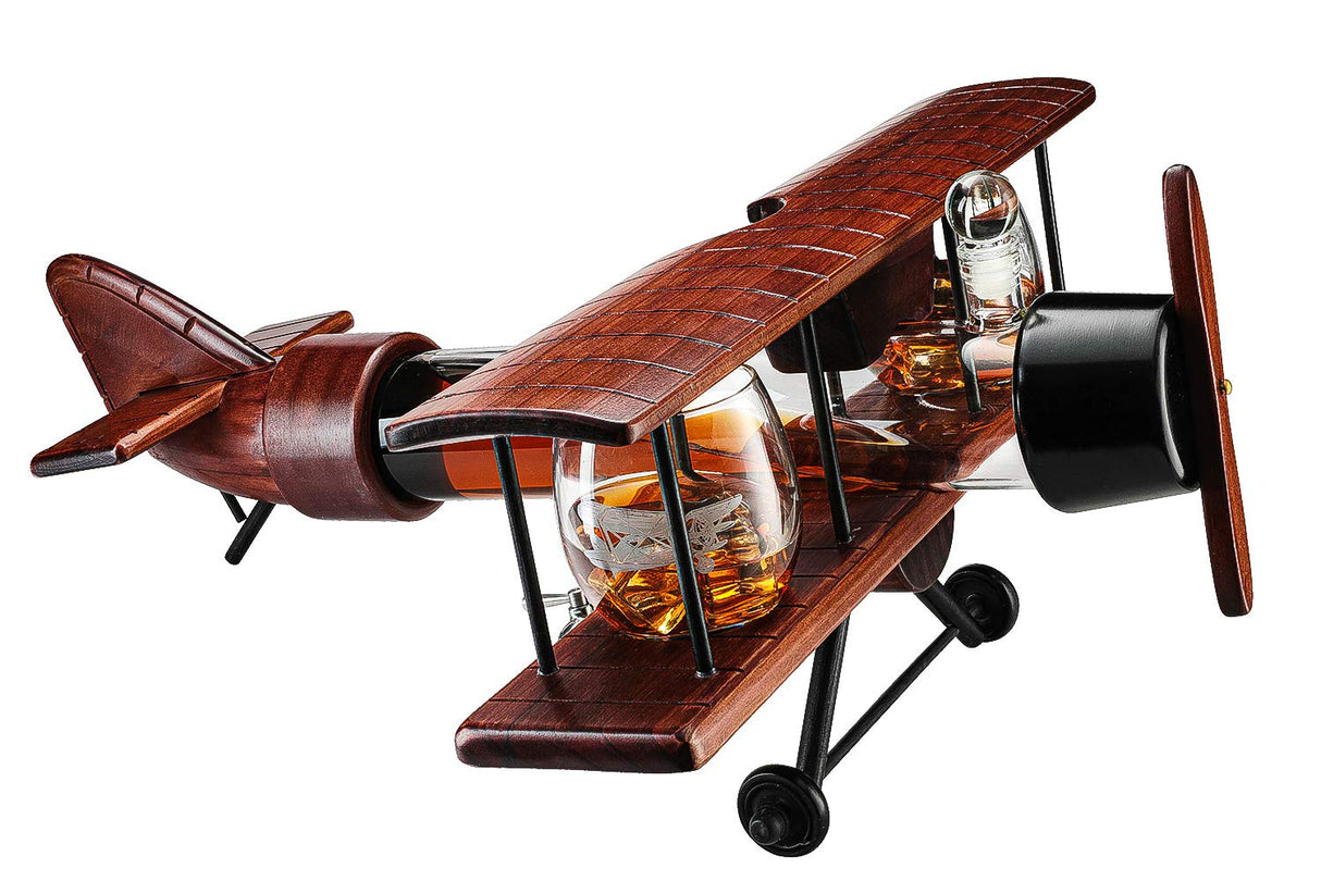 Whiskey & Wine Decanter Airplane Set and Glasses Antique Wood Airplane - The Wine Savant Whiskey Gift Set and 2 Airplane Glasses, Pilot Gift Moving Parts- Alcohol Related Gift, BAR DECOR Large 21" The Wine Savant