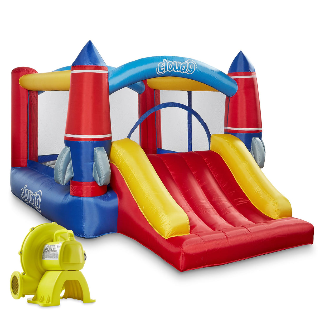 Cloud 9 Inflatable Bounce House and Blower, Rocket Theme Bouncer for Kids with Slide, Includes Stakes and Repair Patches Cloud 9