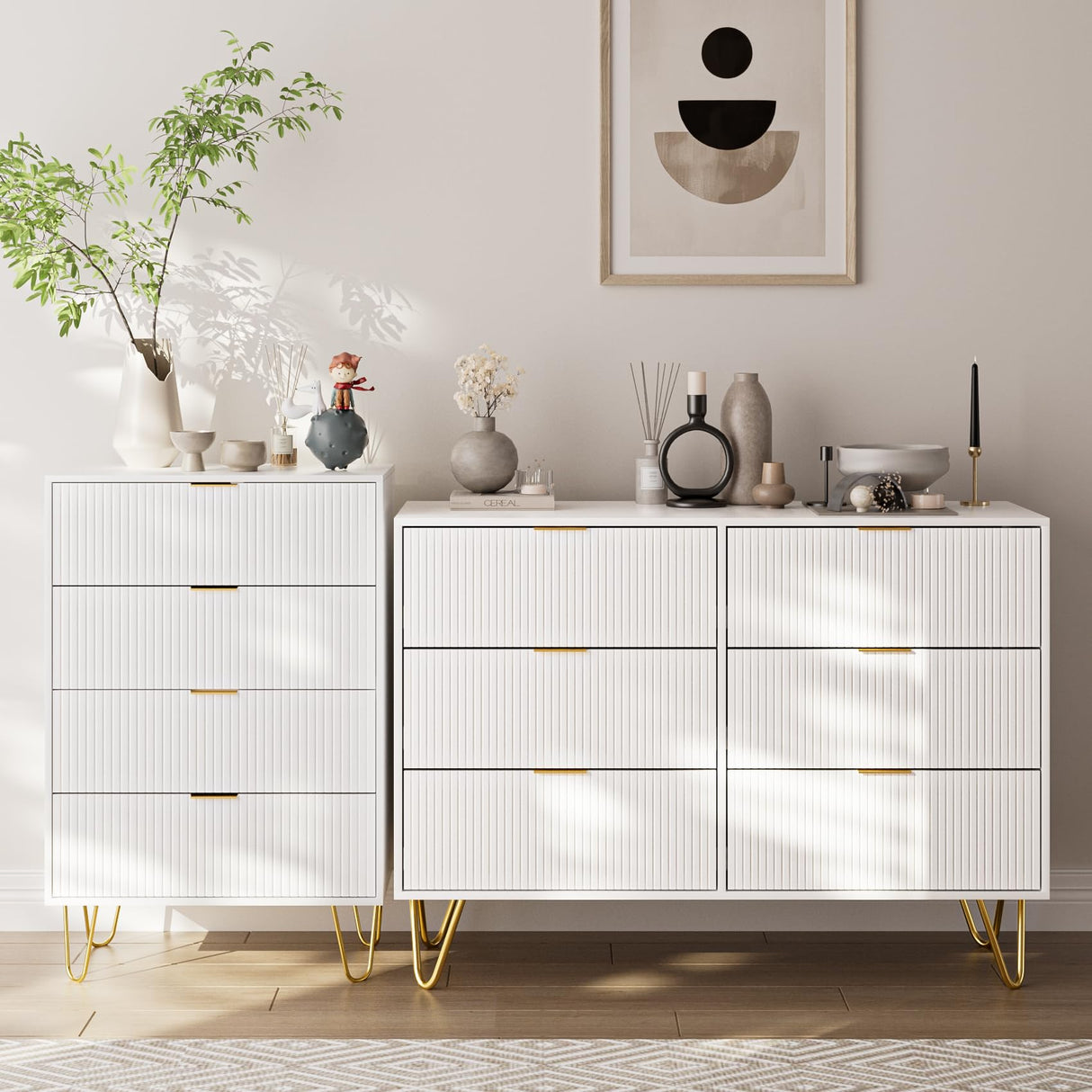 Masupu 4 Drawer Dresser, Drawer Chest, Tall Storage Chest Cabinet Organizer Unit with Metal Legs, Small Dresser for Bedroom, Living Room, Closet, Hallway White Stripe Masupu