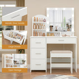 Quimoo Makeup Vanity with 10 Light Bulbs and Charging Station, Vanity Desk with Lighted Mirror & 4 Drawers Chest, Vanity Set, Vanity Table Set with Cushioned Stool, for Bedroom,White Quimoo