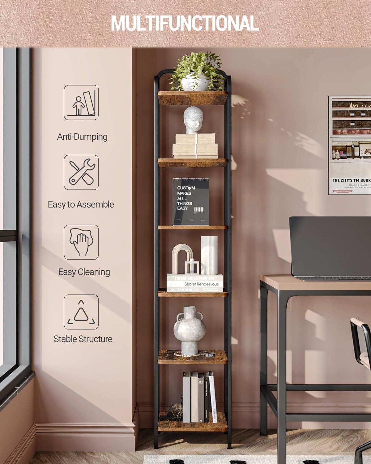Hzuaneri Bookcase Bookshelf, Narrow Book Shelf, Industrial Corner Shelf Storage Organizer, Slim Shelving Unit for Home Office, Living Room, Bedroom, Kitchen, 6-Tier Rustic Brown and Black BC24601B Hzuaneri