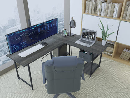 SZXKT L Shaped Desk with Drawers, Gaming Desk, Corner Computer Desk with Storage and Power Outlet,Reversible U Shaped Work Pc Desk for Home Office with Monitor Stand 2 Person Long Desk 56 Inc - WoodArtSupply