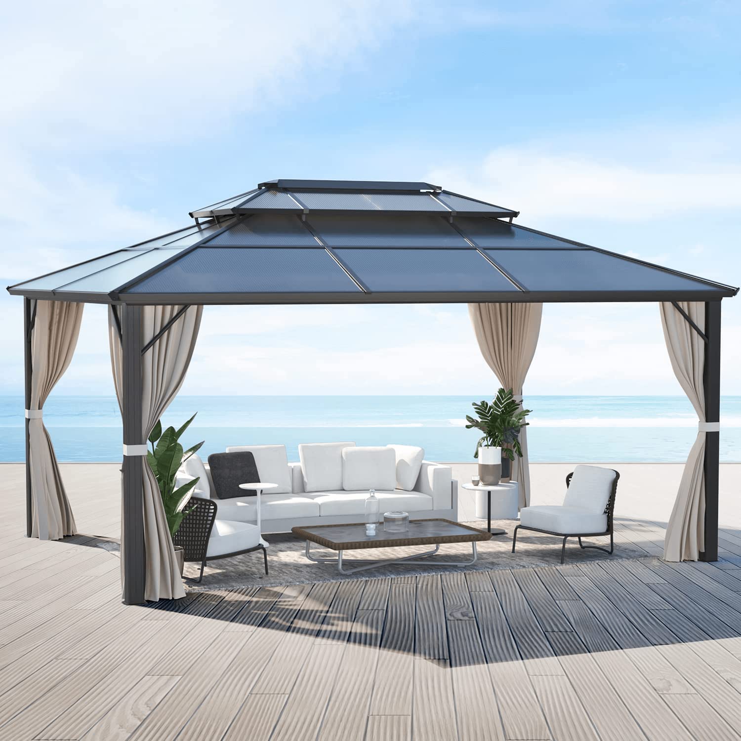 MELLCOM 12x16ft Outdoor Polycarbonate Double Hardtop Roof Gazebo, Aluminum Furniture Gazebo Canopy with Netting and Curtains for Garden, Patio, Lawns, Party and Deck - WoodArtSupply