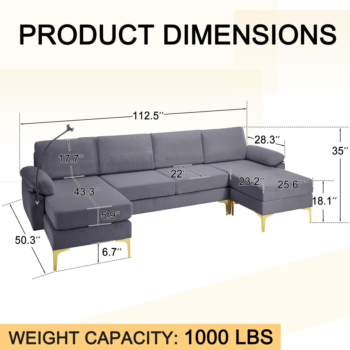 UPHYB 114” U-Shaped Sectional Sofa Couch,Corduroy Convertible 4 Seater Sofa Set with Chaise Lounge,Ottoman and Detachable Phone Holder,Comfy L Couch for Living Room,Bed Room and Apartment(Grey) UPHYB