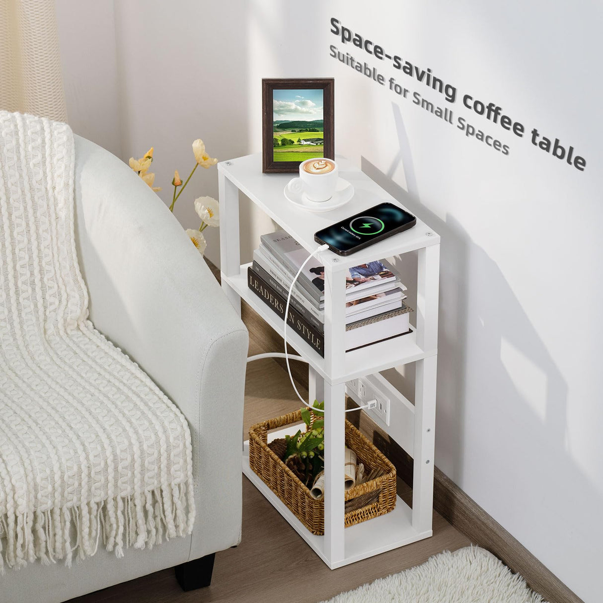 YUFAM 3-Tier Small Narrow Wood Side Table with Charging Station, Skinny Nightstand for Small Space, Slim Bedside Table with Storage for Couch, Thin End Table with USB Ports and Outlets, White YUFAM
