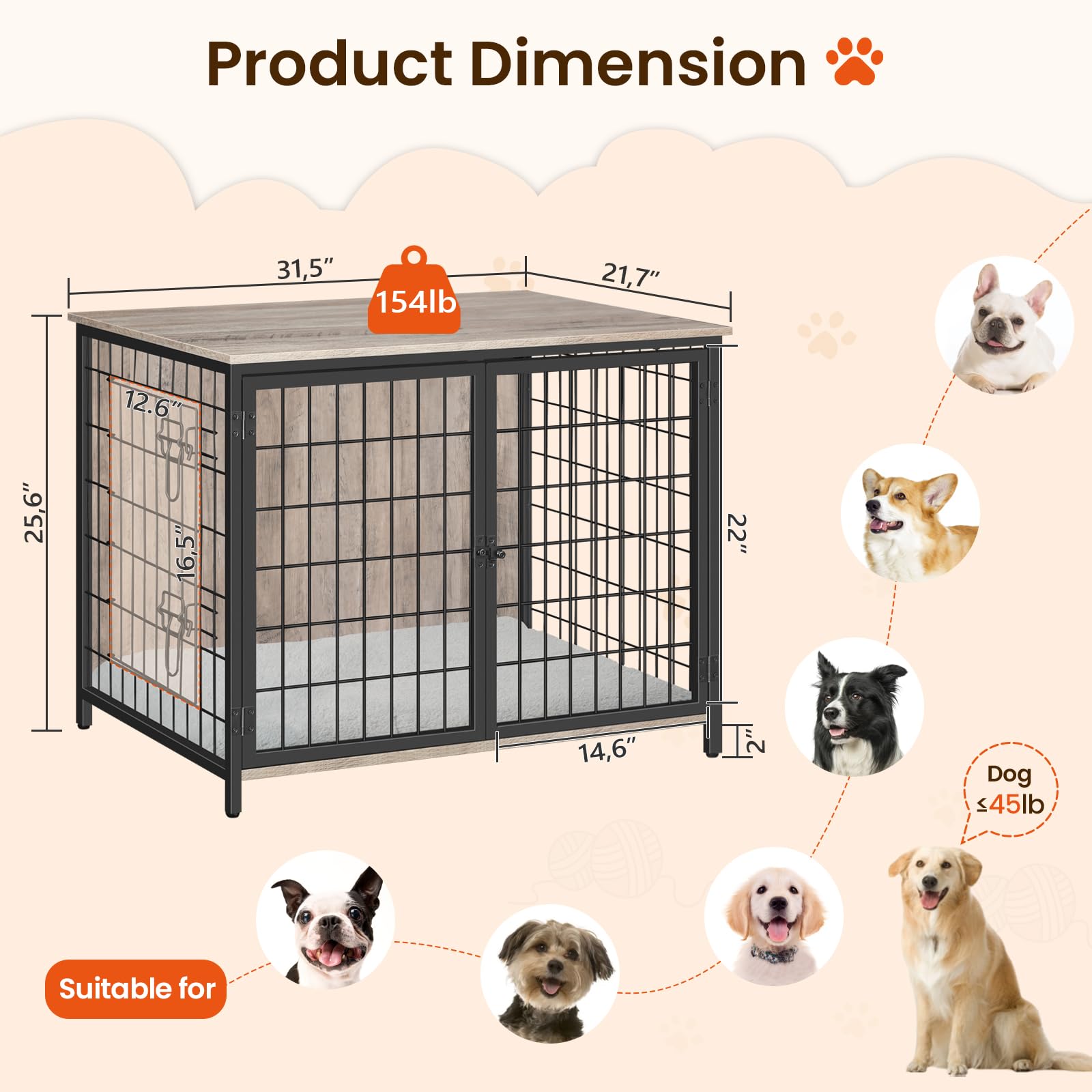 MAHANCRIS Dog Crate Furniture with Cushion, Wooden Dog Kennel with Double Doors, Heavy Duty Dog Cage for Small/Medium/Large Dogs, Indoor Dog House End Table, 31.5" L, Greige DCHG0701 - WoodArtSupply