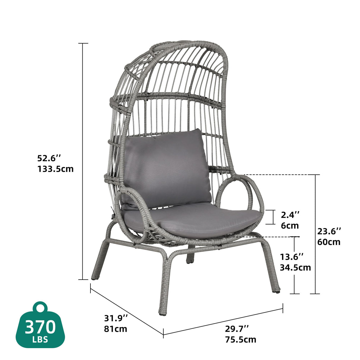 YITAHOME Outdoor Narrow Egg Chair Wicker, Patio Rattan Basket Chair with 370lbs Capacity Indoor Egg Chairs with Stand & Cushion Cocoon Chair for Bedroom, Patio, Balcony - Grey YITAHOME