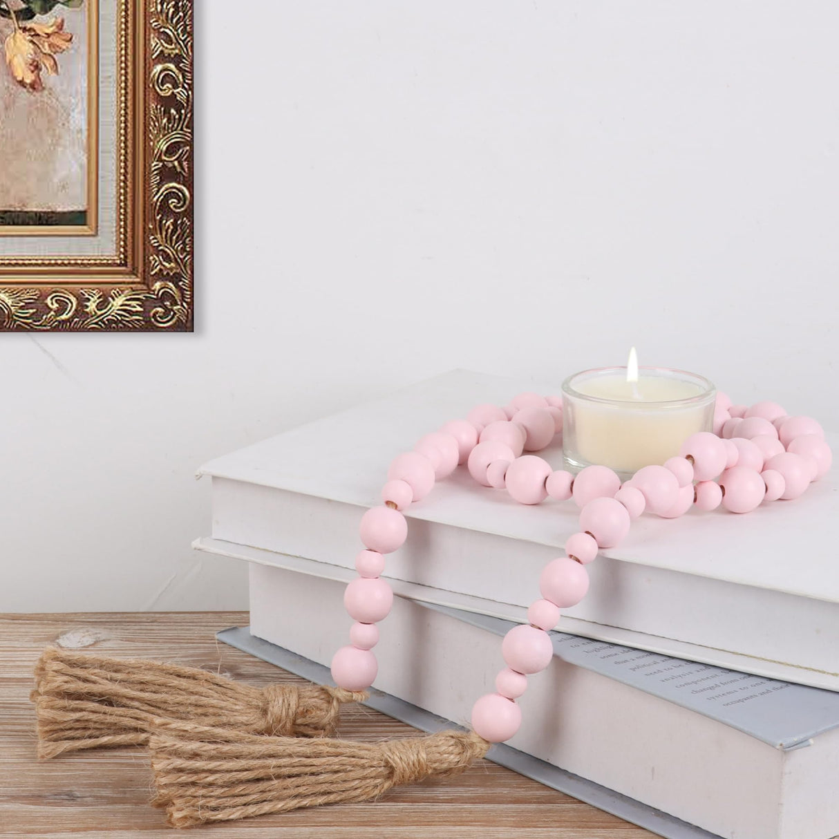 Valentine's Day Wood Bead Garland with Tassels, Farmhouse Rustic Decor Prayer Beads Boho Tassel Garland Decorative Beads for Home Decor (Pink) Yagoo