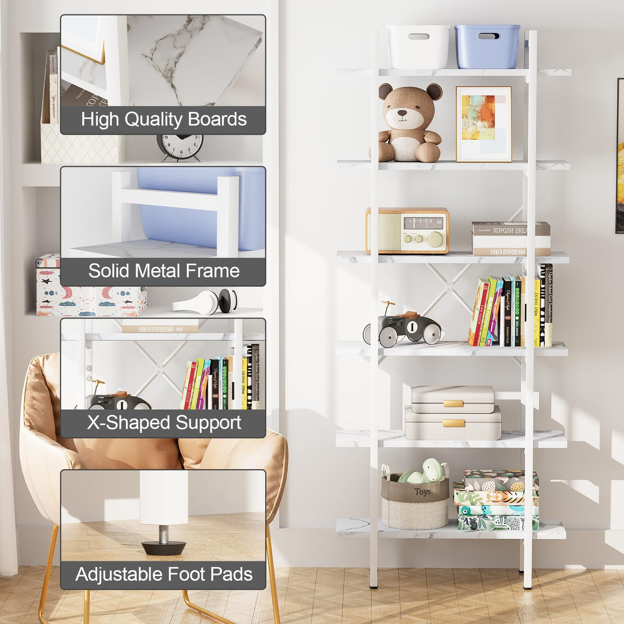 Azheruol Bookshelf 6 Tiers White Wooden Storage Shelf,Modern Open Display Storage Bookcase Book Organizer,Metal Bookshelf Standing Storage Shelf Tall Shelving Units for Home Office Study Azheruol