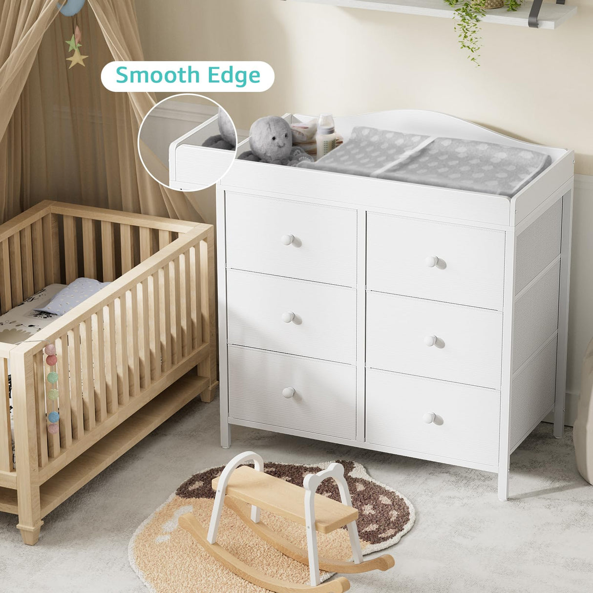 BOLUO Changing Table Dresser with 6 Fabric Drawers, Baby Dresser with Changing Table Top Diaper Changing Station with Storage for Nursery Modern BOLUO
