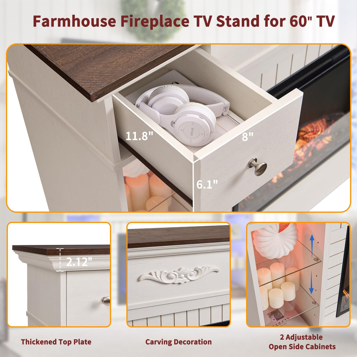 IFBUY 54" Farmhouse Electric Fireplace with Mantel, 33" Tall LED Fireplace TV Stand w/7 Lighting Colors, 23'' Freestanding Electric Fireplace Heater, Open Adjustable Shelves & Drawers, White IFBUY