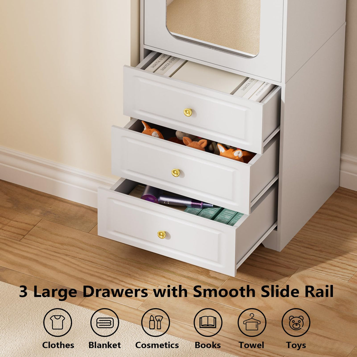 JanflyHome Armoire Wardrobe Closet, Updated White Bedroom Armoires Cabinet with Mirror Door and 3 Drawers, 15.7" W/69.5" H Clothing Storage Cabinet with Hanging Rod & Sensor Light for Bedroom-Right JanflyHome