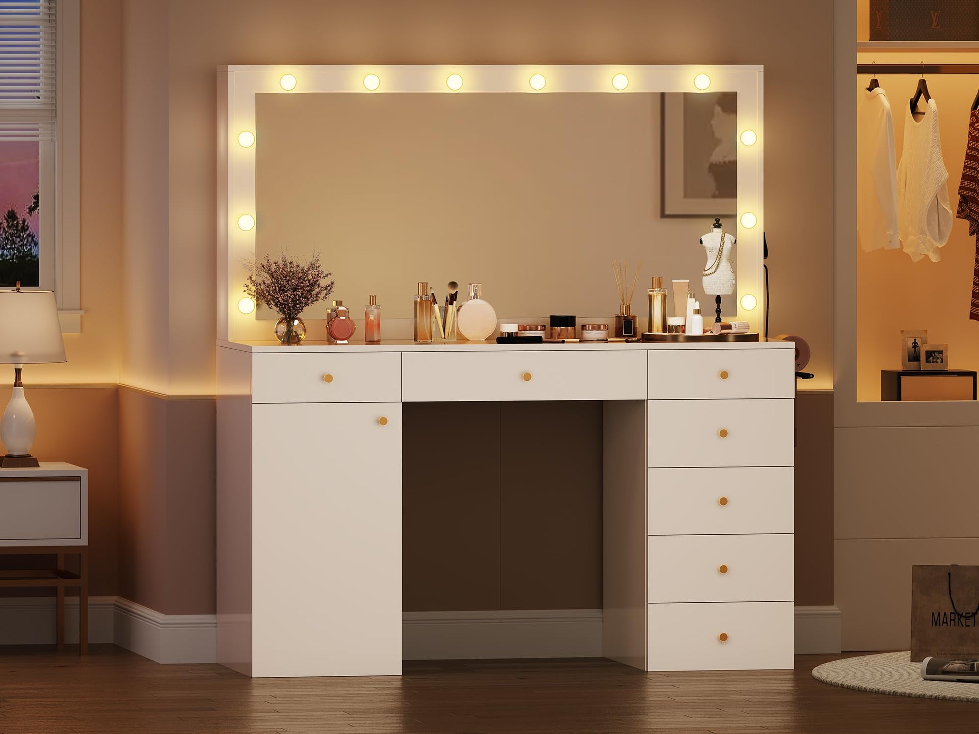 YITAHOME 56'' Makeup Vanity with Mirror and Lights, 3 Color Modes Adjustment with 12 LED Lights, Large Dressing Table with Tabletop, Vanity Desk with Power Outlet, 7 Drawers, Cabinet, Bedroom - WoodArtSupply