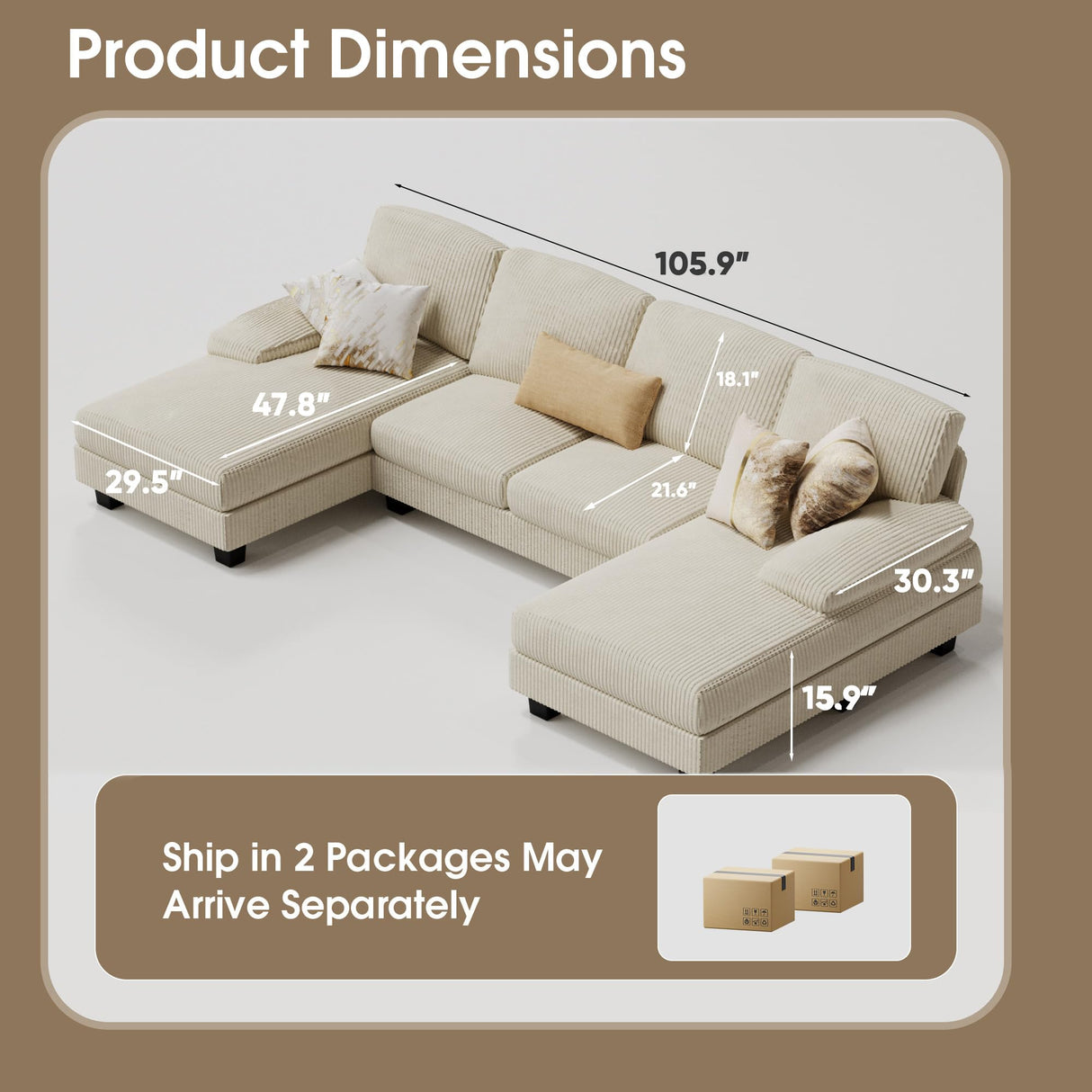 Furmax Sectional Couches for Living Room, U-Shaped Sofa Couch with Linen Fabric, 4 Seat Sofa Set with Double Chaise for Apartment (Corduroy, Beige) Furmax