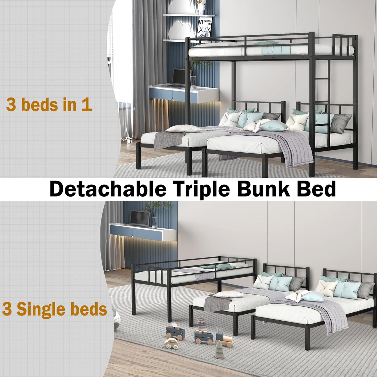 Zevemomo Twin Over Twin & Twin XL Bunk Bed, Metal Triple Bed with Full-Length Guardrail and Ladder, Convertible 3 Beds, No Boxing Spring Needed, Black