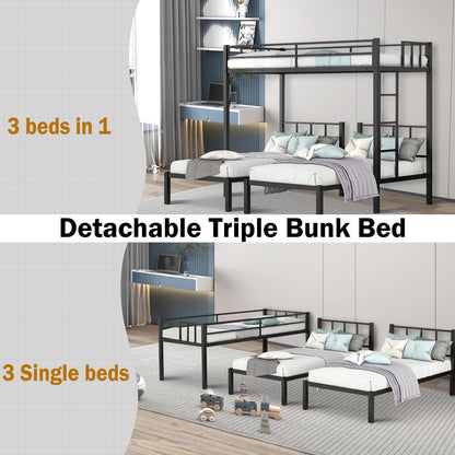 Zevemomo Twin Over Twin & Twin XL Bunk Bed, Metal Triple Bed with Full-Length Guardrail and Ladder, Convertible 3 Beds, No Boxing Spring Needed, Black