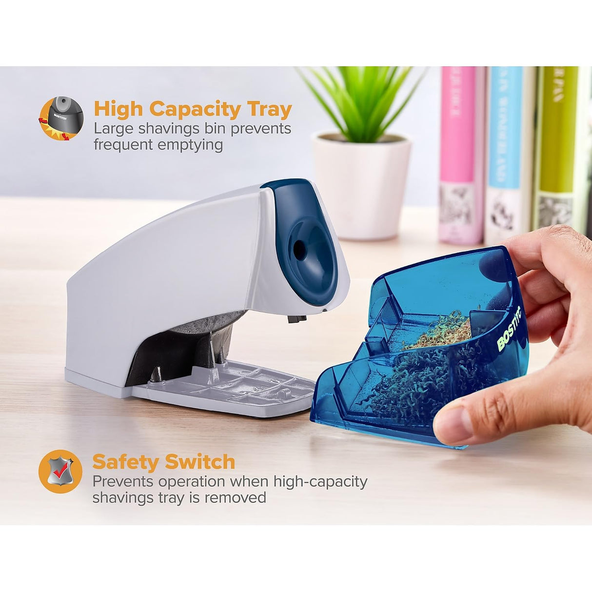 Bostitch Office Personal Electric Pencil Sharpener, Powerful Stall-Free Motor, High Capacity Shavings Tray, Blue Bostitch