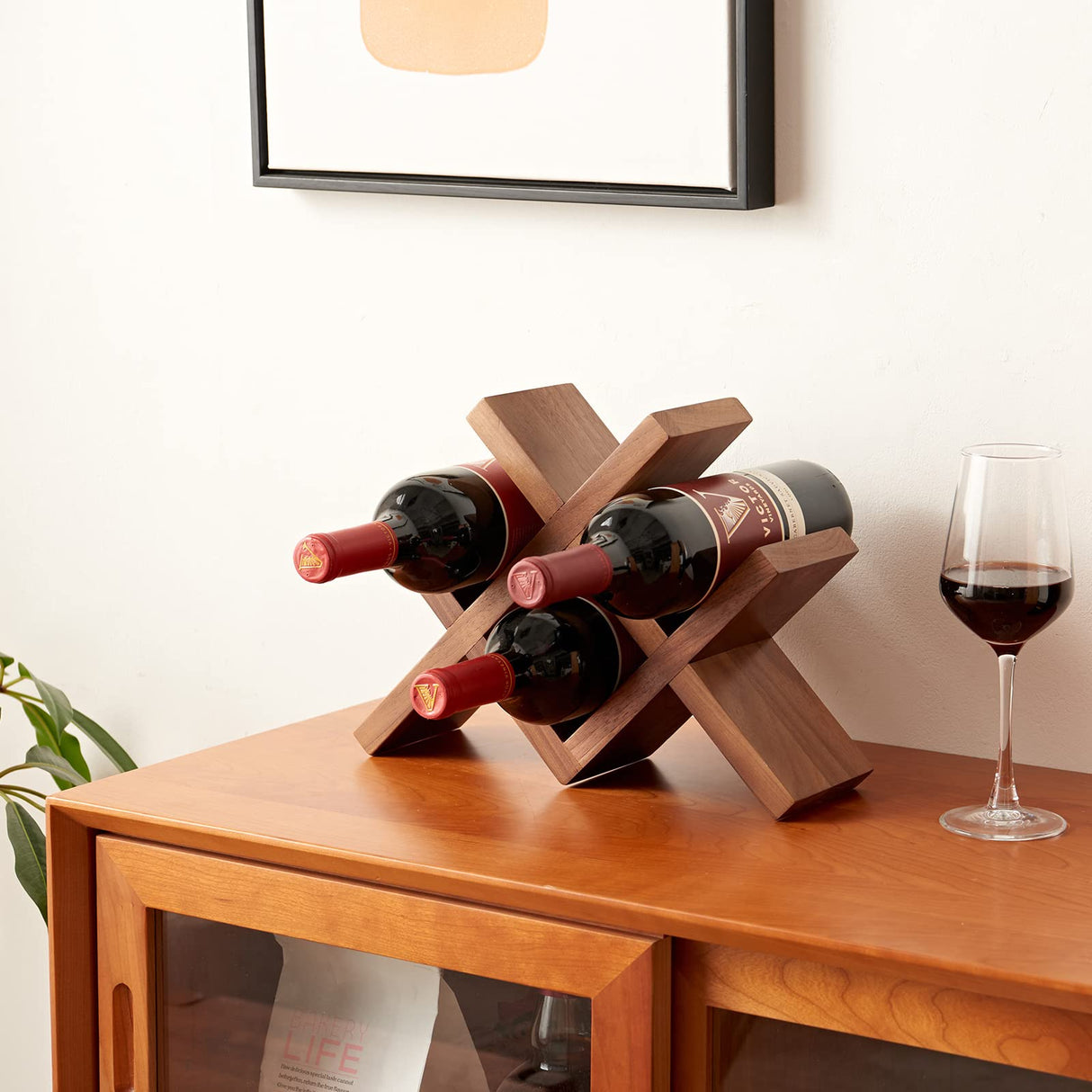 TREOAKWIS Wine Rack Countertop Oak Solid Wood Wine Organizer Rack 4 Bottles Holder for Wine, Drinks, Beer, Suit for Home, Bar, Kitchen,Cellar Basement (Walnut) TREOAKWIS