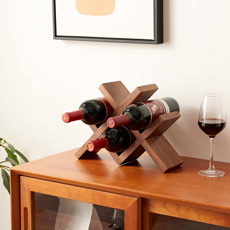 TREOAKWIS Wine Rack Countertop Oak Solid Wood Wine Organizer Rack 4 Bottles Holder for Wine, Drinks, Beer, Suit for Home, Bar, Kitchen,Cellar Basement (Walnut) TREOAKWIS