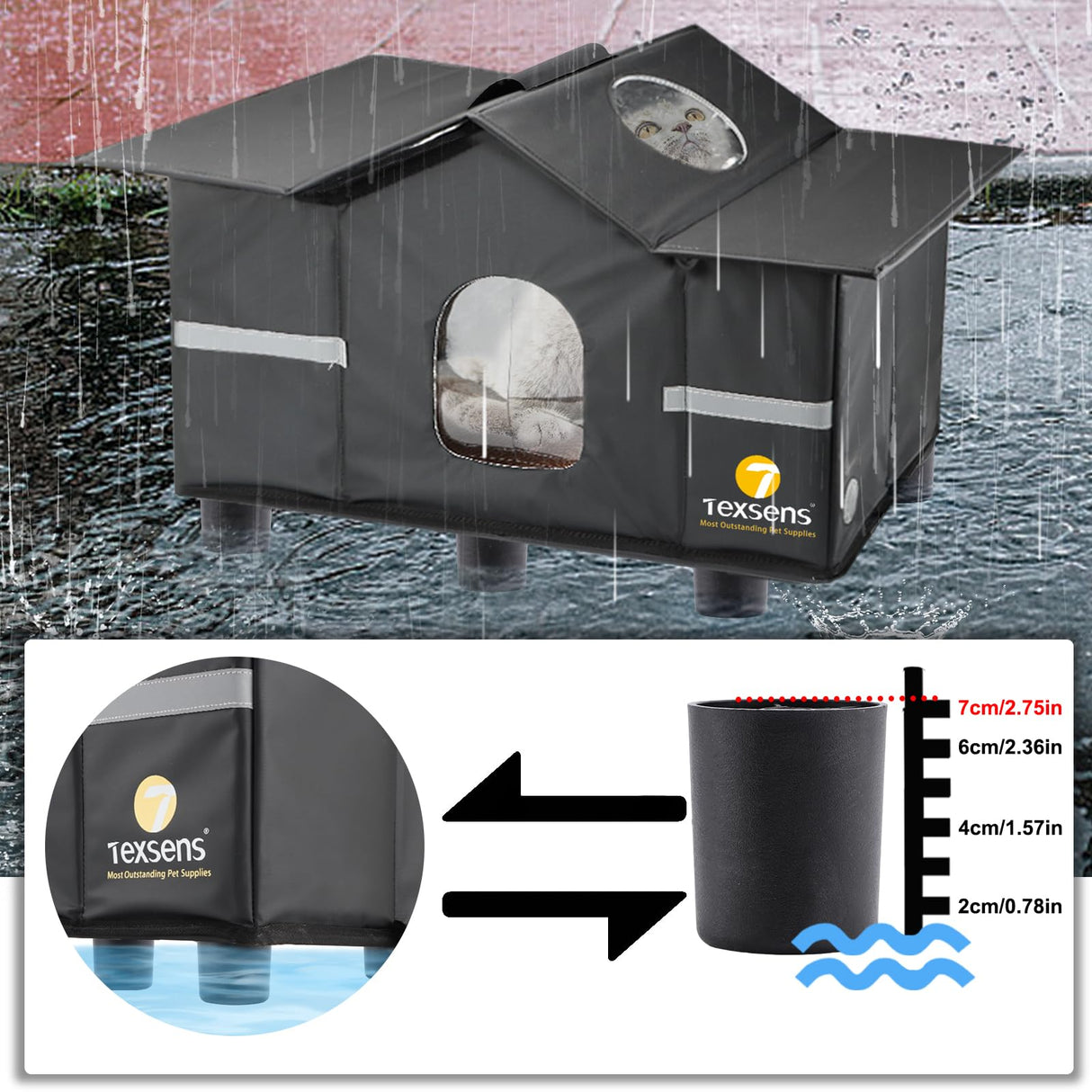 Texsens Large Cat House - Weatherproof Outdoor Cat Shelter with Roof Window- Insulated Elevated House for Stray/Barn Cats with Cozy Cushion - Ideal Waterproof Feral Cat House for Summer Texsens