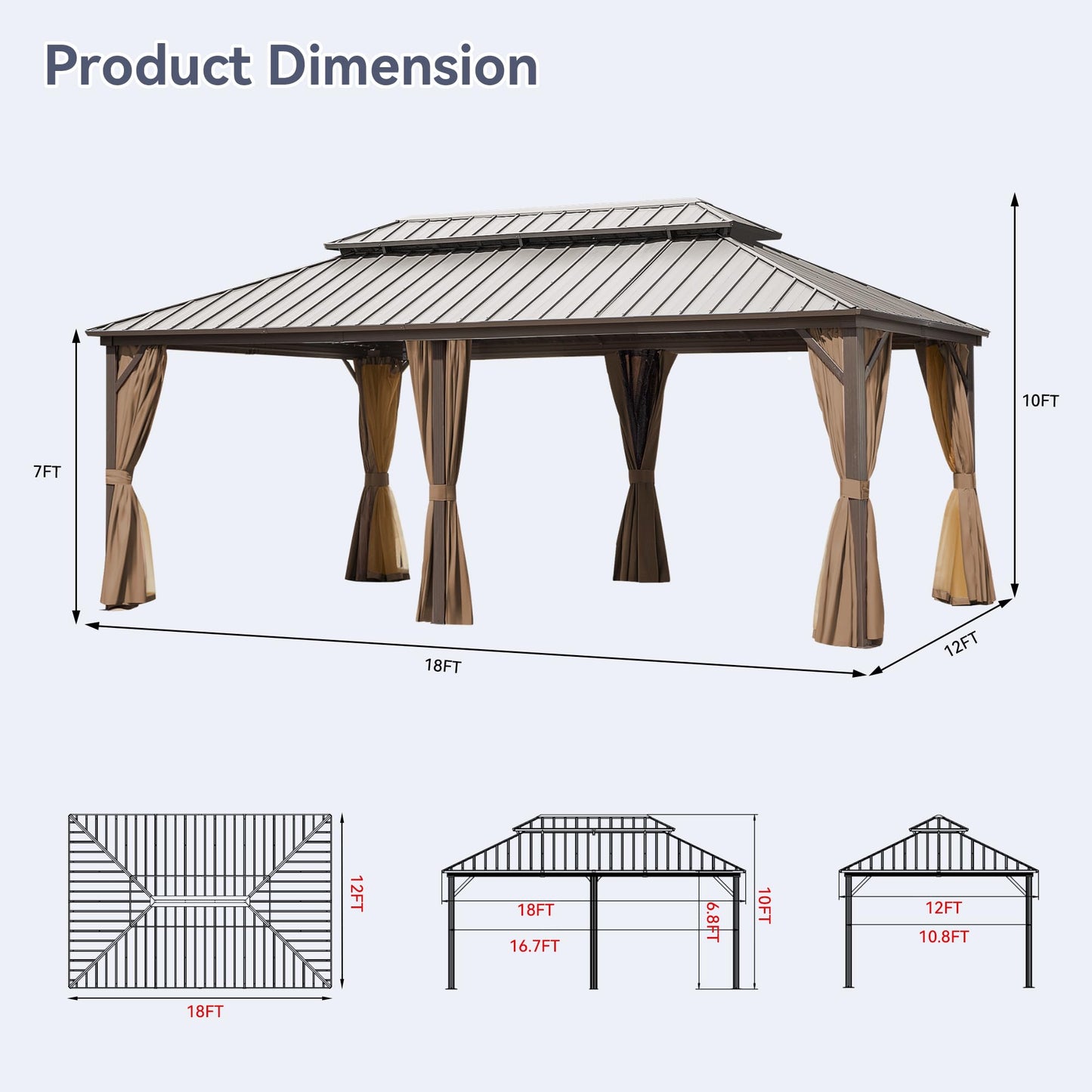 Gardenbee 12x18 ft Gazebo Double Roof Canopy with Netting and Curtains, Outdoor Gazebo 2-Tier Hardtop Galvanized Aluminum Frame Garden Tent for Patio, Backyard, Deck and Lawns - WoodArtSupply