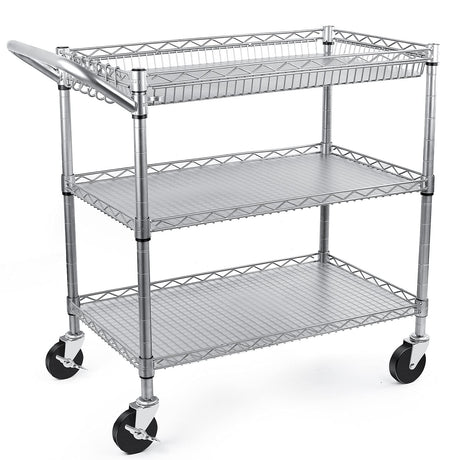 WDT Heavy Duty 3 Tier Utility Cart,990Lbs Capacity Wire Rolling Cart with Wheels, Commercial Grade Service Cart with Shelving Liners and Handle Bar Metal Carts for Kitchen Office Hardware, NSF Listed WDT