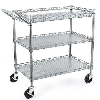 WDT Heavy Duty 3 Tier Utility Cart,990Lbs Capacity Wire Rolling Cart with Wheels, Commercial Grade Service Cart with Shelving Liners and Handle Bar Metal Carts for Kitchen Office Hardware, NSF Listed