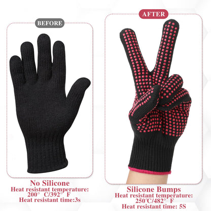 Ptwola 2 Pcs Heat Resistant Gloves with Non-Slip Silicone Bumps Professional Heat Blocking Fireproof Sublimation Gloves Mitts for Curling Wand Hot-Air Brushes Hair Styling Flat Iron