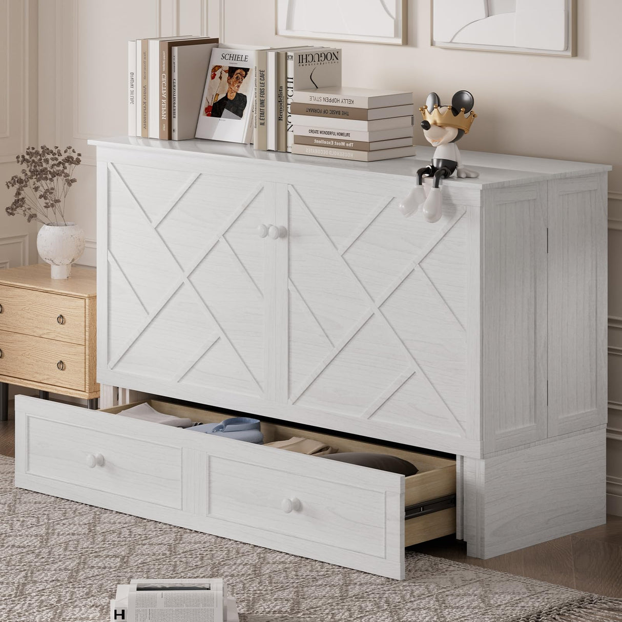 ijuicy Murphy Bed Queen with Foam Mattress, Convenient Murphy Bed Cabinet with Charging Station & Storage Board, Bed That Folds into Cabinet with Large Storage Drawer for Bedroom,Guest Room(White) ijuicy